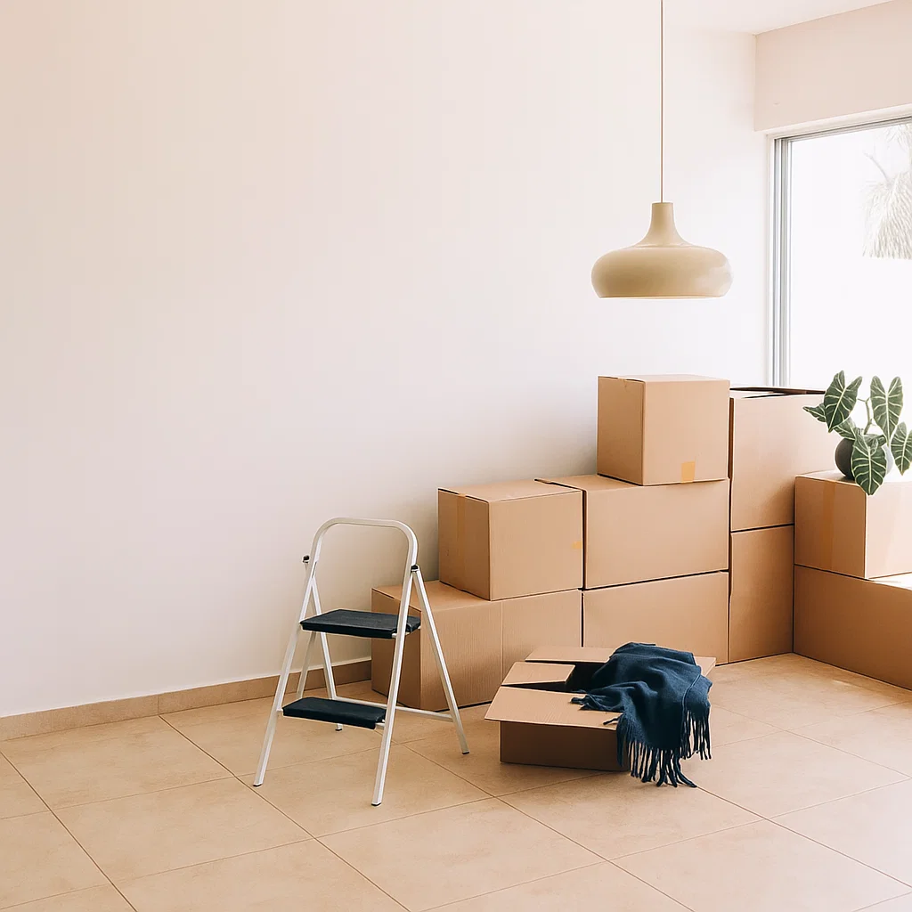 flyttstädning stockholm2 Flera kartonger är staplade nära ett stort fönster i ett ljust, tomt rum. En liten trappstege och en hopvikt mörkblå filt står bredvid lådorna. En hängande ljusarmatur finns ovanför.