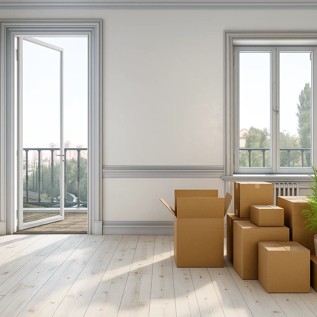 flyttstädning stockholm3 Ett ljust, tomt rum med en öppen dörr som leder ut till en balkong, flera kartonger på det ljusa trägolvet och ett fönster som visar träd och byggnader utanför.
