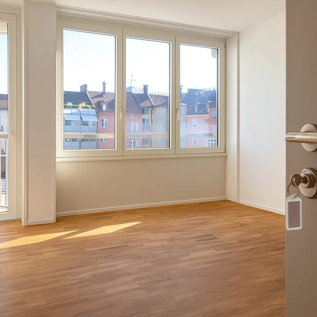 flyttstädning stockholm4 Ett tomt rum med ljusa väggar, trägolv och stora fönster som visar bostadshus utanför. Solljus kommer in genom fönstren och en dörr med nyckelkortslås är delvis öppen i förgrunden.