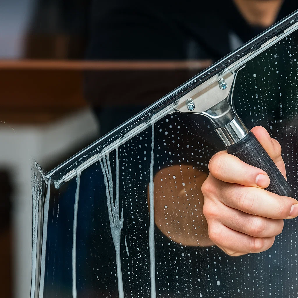 fönsterputsning stockholm4 En person använder en gummiskrapa för att rengöra ett glasfönster och tar bort tvålvatten. Endast handen och en del av armen syns, och bakgrunden är något suddig.